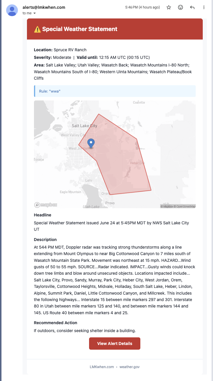 A severe weather alert email showing a map of the warning area with a pin on the affected property
